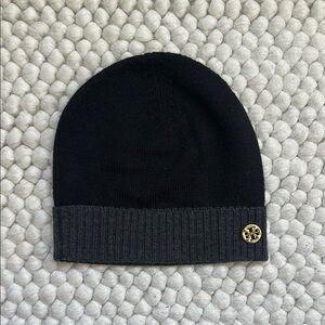 Tory Burch Black and Grey Beanie Hat with Gold Emblem